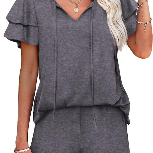 Summer Outfits for Women 2 Piece Short Sleeve V Neck Lounge Sets Casual - Picture 1 of 4